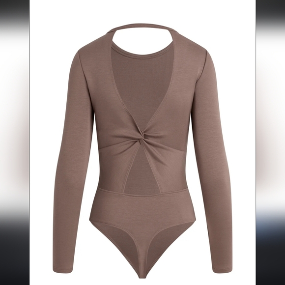 Hudson Knot Back Long Sleeve Snsp Closure Bodysuit Deep Taupe Size Medium - Picture 2 of 15